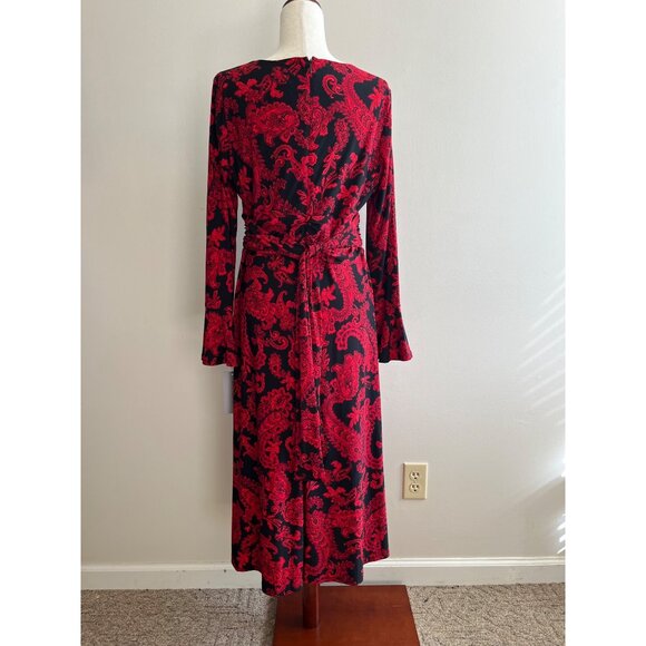 Marc New York Fit and Flare Midi Dress Womens 12 Red Floral Bell Sleeve Flowy - Picture 3 of 7